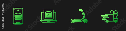 Set line Scooter delivery, Online ordering and, burger and Fast by car. Gradient color icons. Vector