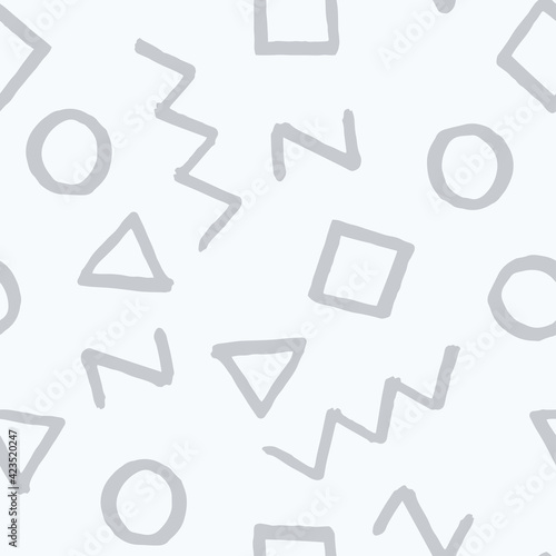 Seamless pattern with grey geometric elements on gray background. Hand drawn vector design for textile, backgrounds, clothes, wrapping paper and wallpaper. Fashion illustration seamless pattern.