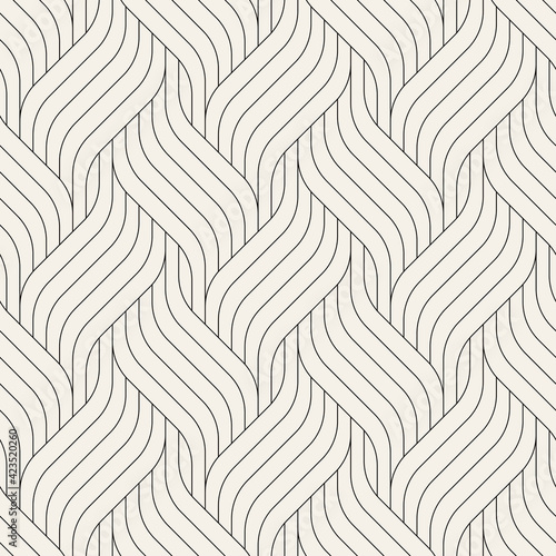 Seamless pattern with geometric waves. Endless stylish texture. Ripple bold monochrome background. Linear weaved grid. Thin interlaced swatch.