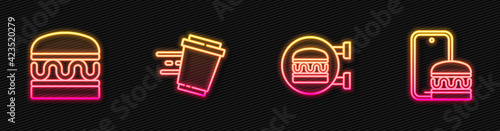 Set line Online ordering burger delivery, Burger, Coffee cup to go and and. Glowing neon icon. Vector