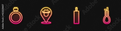 Set line Dynamite bomb, Canteen water bottle, Location cowboy and Gallows rope loop hanging. Glowing neon icon. Vector