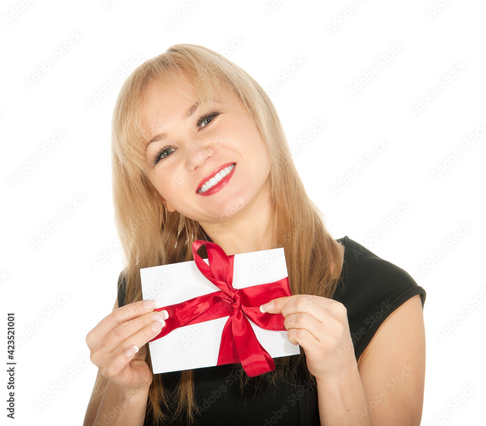 beautiful blonde woman and gift postcard in her hands. feast day of St. Valentine beautiful blonde woman and gift postcard in her hands. feast day of St. Valentine
