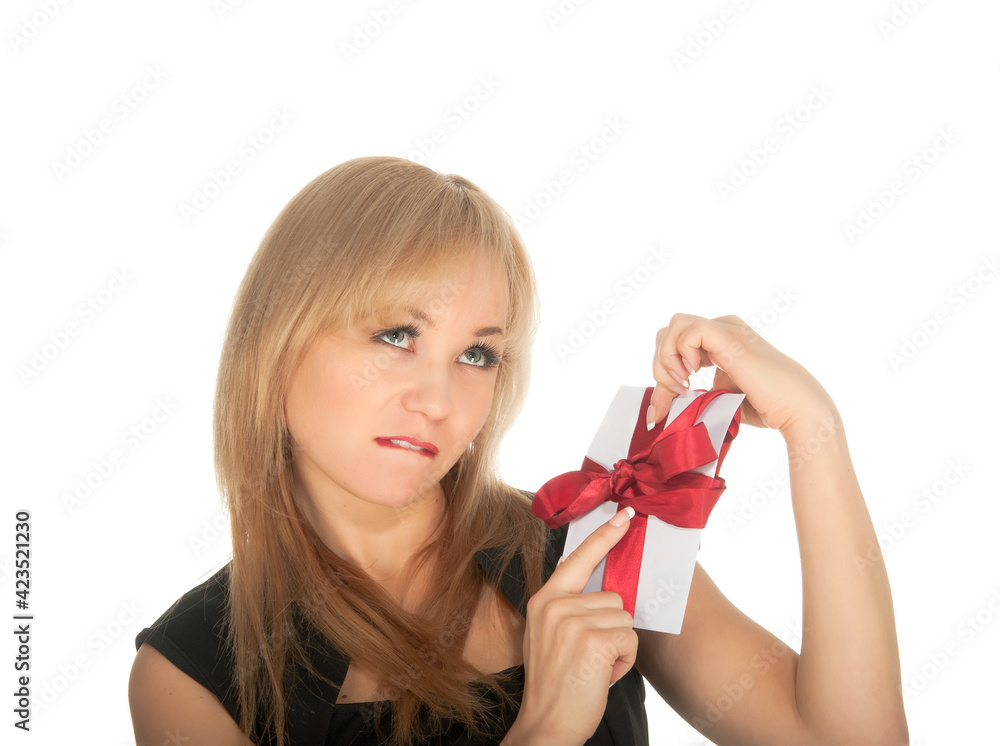 beautiful blonde woman and gift postcard in her hands. feast day of St. Valentine beautiful blonde woman and gift postcard in her hands. feast day of St. Valentine