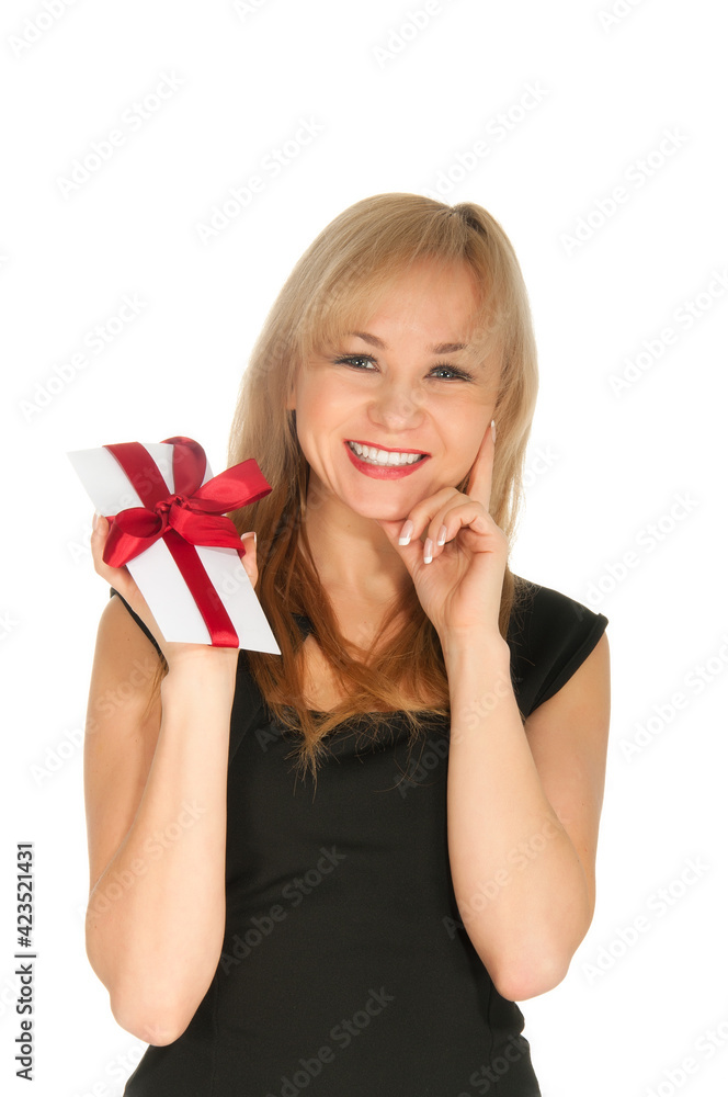 beautiful blonde woman and gift postcard in her hands. feast day of St. Valentine beautiful blonde woman and gift postcard in her hands. feast day of St. Valentine