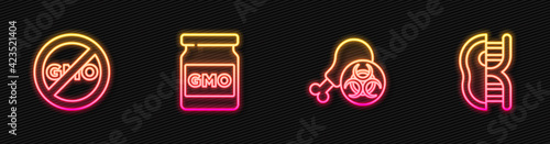 Set line Gmo research chicken, No GMO, and Genetically modified meat. Glowing neon icon. Vector