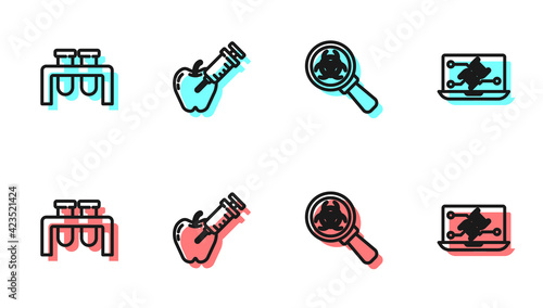 Set line Biohazard and magnifying glass, Test tube flask, Genetically modified apple and engineering modification icon. Vector