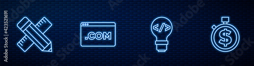 Set line Front end development, Crossed ruler and pencil, UI or UX design and Time is money. Glowing neon icon on brick wall. Vector