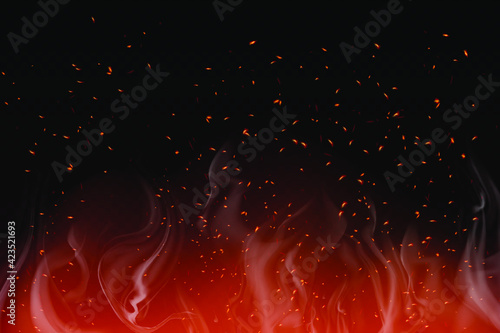Red Fire sparks flying up, vector. Burning glowing particles. Fire flames with sparks in the air over a dark night. Firestorm texture. Isolated on a black transparent background.