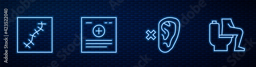 Set line Deaf, Scar with suture, Clinical record and Constipation. Glowing neon icon on brick wall. Vector