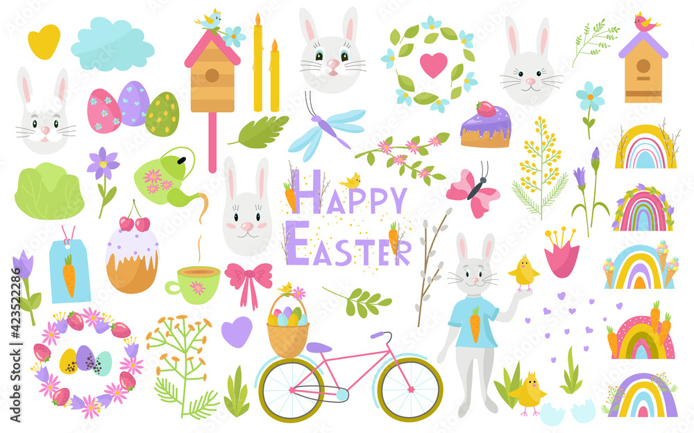 Happy Easter set of spring elements. Rabbits, cake, rainbow, birds, willow, eggs, basket, cabbage, carrots. Vector. For printing on paper, fabric, and scrapbooking.