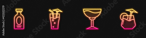 Set line Wine glass, Alcohol drink Rum, Cocktail and . Glowing neon icon. Vector