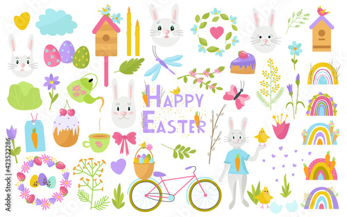 Happy Easter set of spring elements. Rabbits, cake, rainbow, birds, willow, eggs, basket, cabbage, carrots. Vector. For printing on paper, fabric, and scrapbooking.
