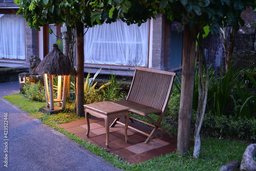 wooden bench in a garden