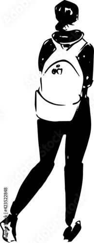 vector illustration of young woman with backpack standing isolated. back view