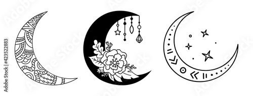 Outline decorstive crescent moon. Magic, mystic vector design element. Set of abstract moon silhouette. Boho celestial illustration. Drawn symbols.