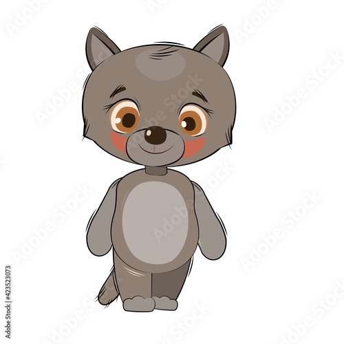 Little wolf cub. Isolated object on a white background. Cheerful kind animal child. Cartoons flat style. Funny. Vector