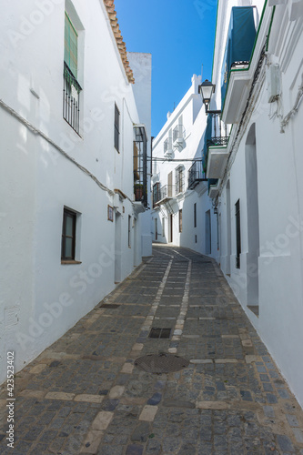 Typical white street in Vejer de la Frontera. White towns of Andalusia in Cadiz, Spain