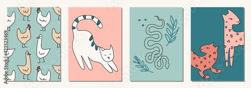 Set of hand drawn abstract animals in modern, trendy colors, minimalism art.