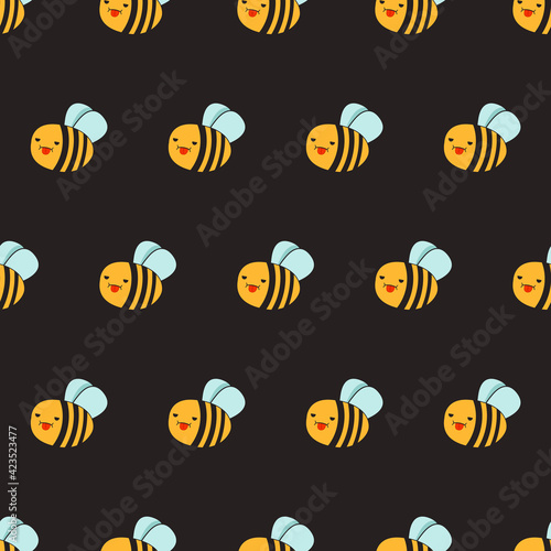 Cute Bee Pattern. Seamless Bees Pattern. Black Background. Vector.