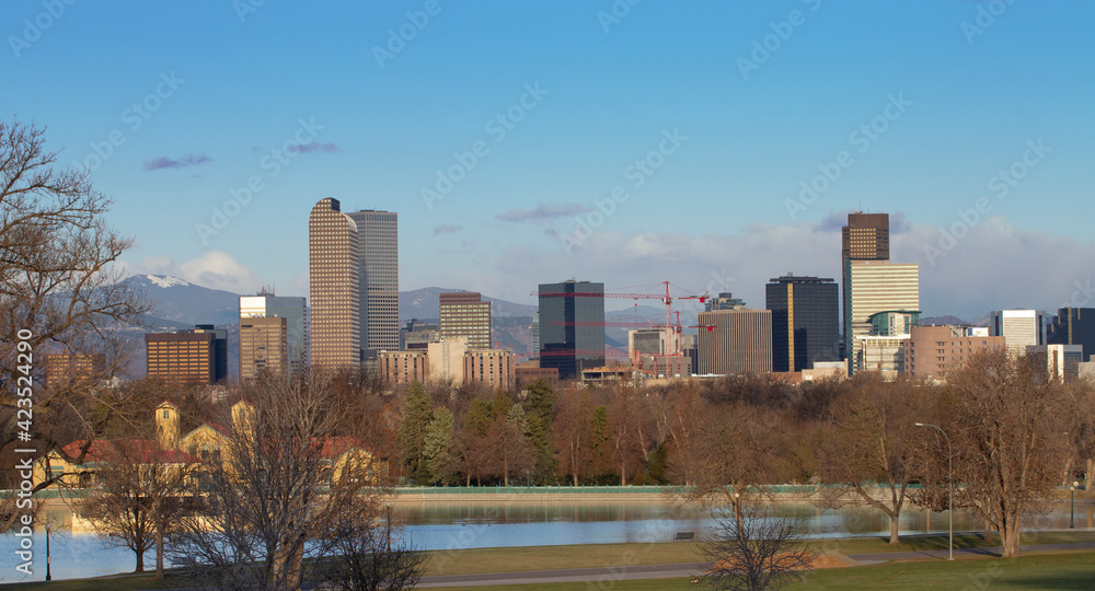 Denver Skyline with Skyscrapers and Construction Cranes Denver Skyline with Skyscrapers and Construction Cranes