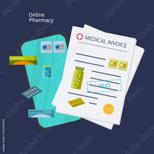 Online pharmacy, medical bill, price list, invoice and payment. List of medicines and receipt on the phone screen. Electronic, medical document with tablets, capsules, blister pack and pills. Vector