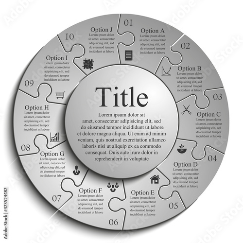 Ten sided 3d puzzle presentation infographic template with explanatory text field for business statistics