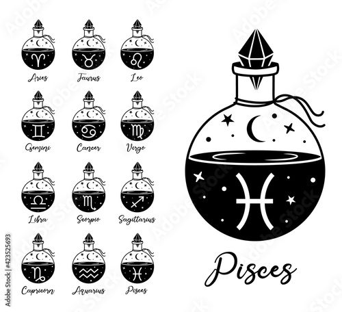 Zodiac signs set. Vector illustration on the topic of astrology and horoscopes. Magical, mystical heavenly symbols. Monochrome silhouettes. Boho design elements.