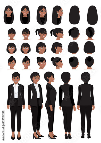 African American business woman cartoon character in black smart suit and different hairstyle for animation design vector collection