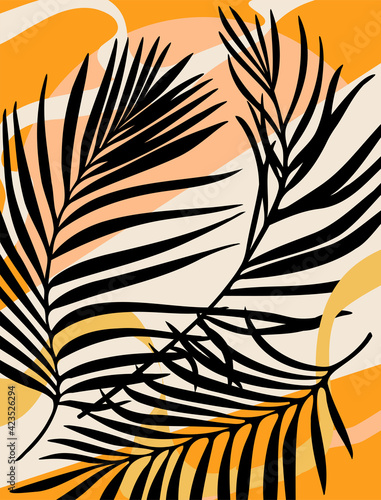 Colorful vector jungle tropical exotic floral summer African background pattern with palm leaves.Black leaf plant silhouette. Poster. T shirt fashion art print design.Orange Yellow White Colors