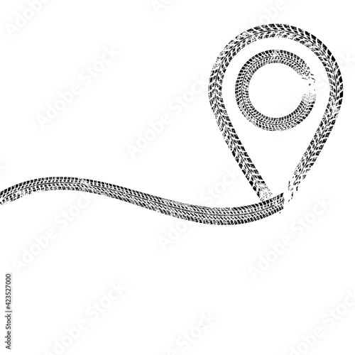 Vector Print Textured Tire Track . Design Element pin . Car tread silhouette . Mud splash grunge texture. Tyre track banner . Map pointer .
