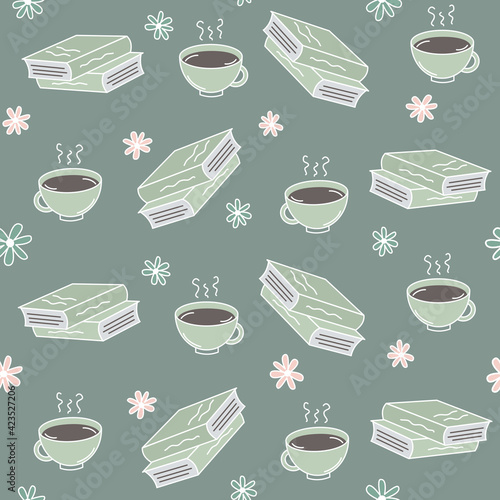 Cute cartoon seamless vector pattern background illustration with books, cup of coffee and daisy flowers
