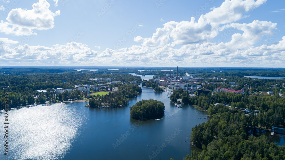 Beautiful summer panorama of Valkeakoski city. Blue sky with clouds.  Finland. Drone shot. Aerial view. Stock Photo | Adobe Stock