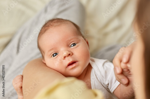 Newborn baby girl on mothers hands, small kid wearing white clothing looking at camera with curious facial expression, studying world around.