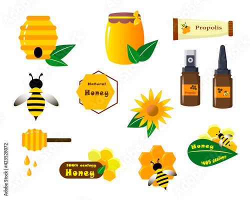 Set of flat illustrations on the theme of bees and honey. Bakery hive, bees and wasps, honey, propolis bottles and labels with text. Vector illustration. on a white background. For use in flyers, logo