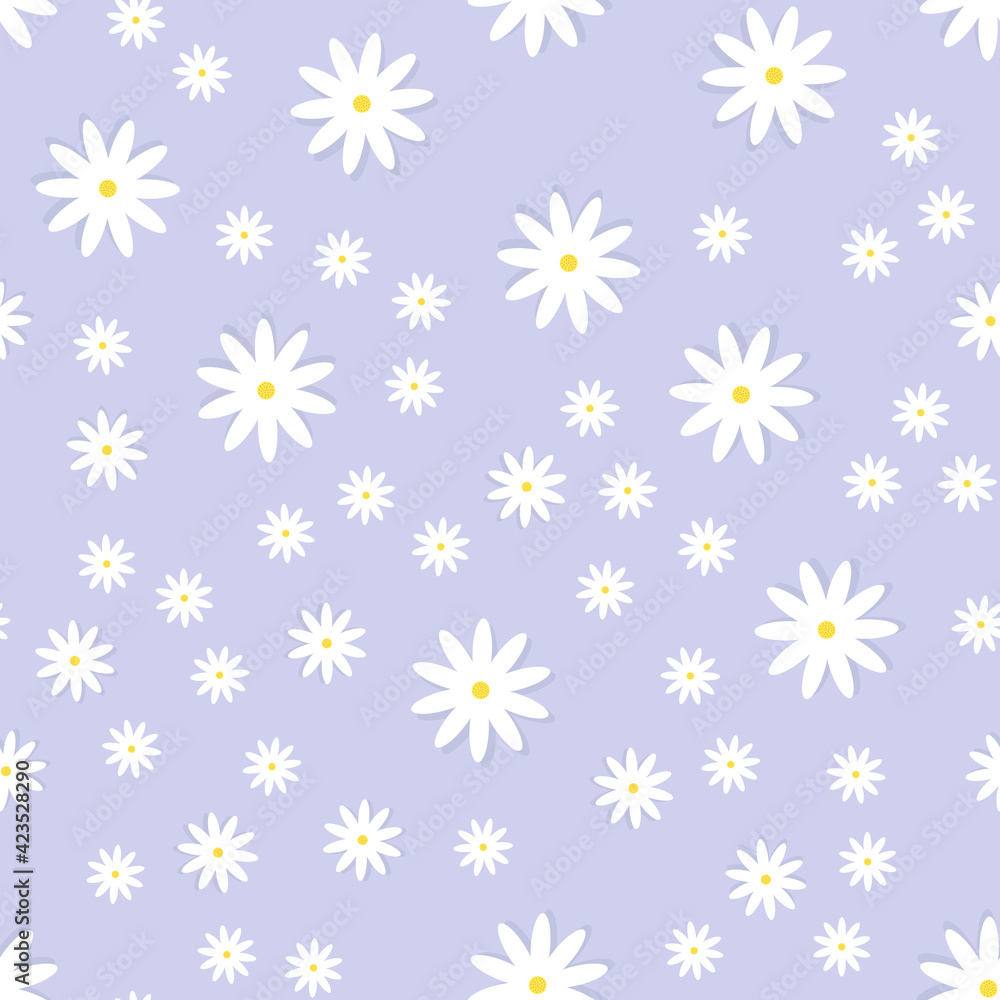 Seamless floral pattern. White chamomile or daisies on a blue background. Endless patterns for textiles and fabrics, wrapping paper, packaging. Vector image. Flat style Seamless floral pattern. White chamomile or daisies on a blue background. Endless patterns for textiles and fabrics, wrapping paper, packaging. Vector image. Flat style