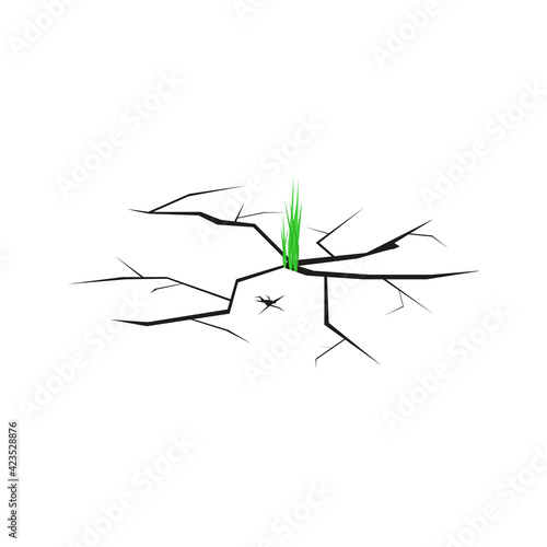 Crack in the ground. A green, young sprout of grass grows through the dry desert land. Dry soil. Power of nature. Vector illustration