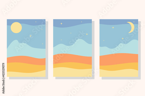 Abstract landscape. Nature, mountains, sea, moon. Fashionable trendy style, minimalism. Design for social networks, poster, banner, cover. Colored flat vector illustration.