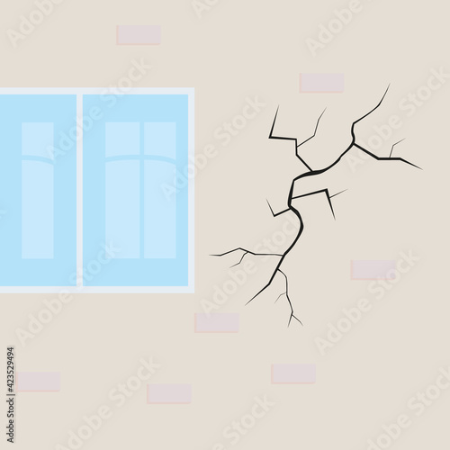 Crack on the wall of the house. A split near the window. Damaged plaster. The concept of defect, building destruction, repair or construction work. Bad, old condition of the house. Vector illustration