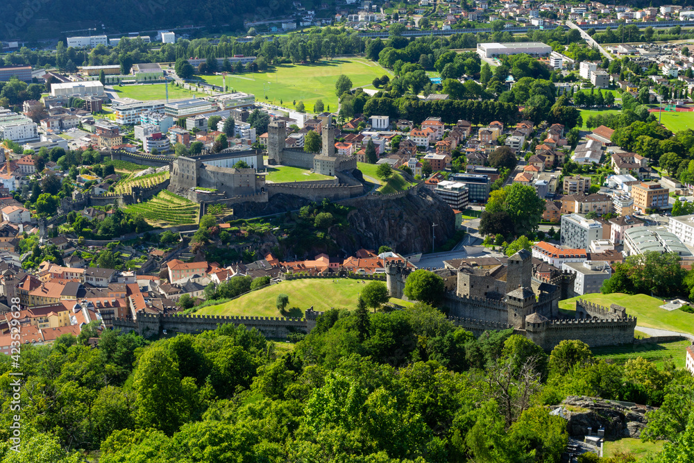 view of medieval castles and town of bellinzona in switzerland