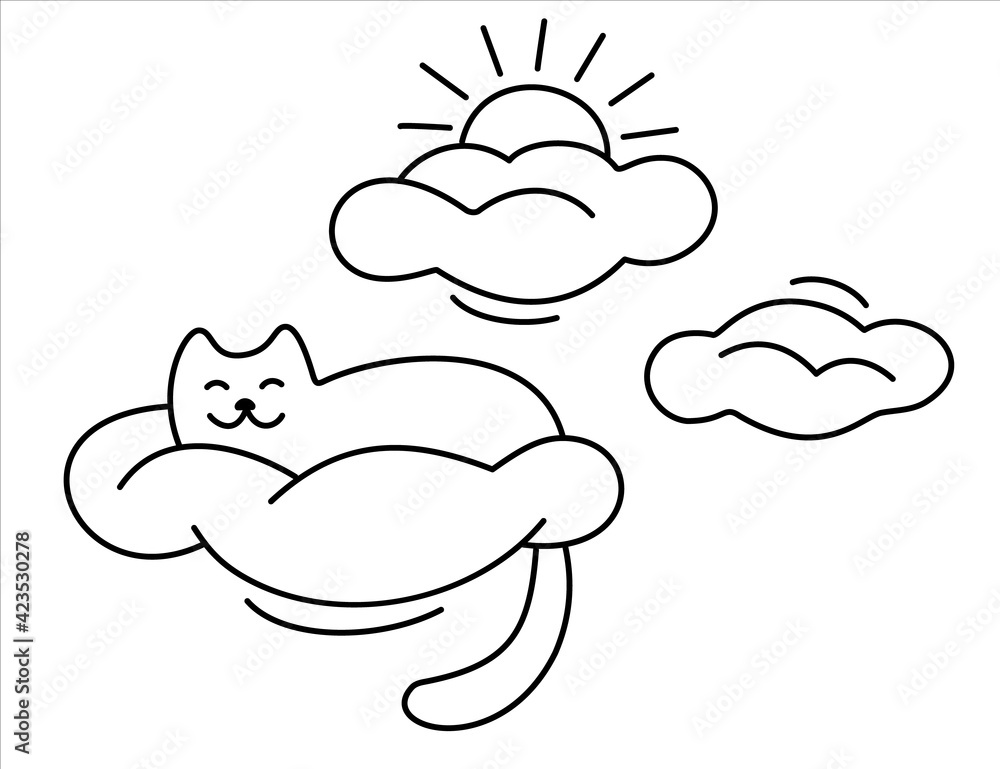 Fototapeta premium Cute cat sleeps on a cloud pillow against a background of sun and clouds. Cartoon Kitten asleep and dreams on sky. Black contours isolated on a white background. Vector image in a doodle style.