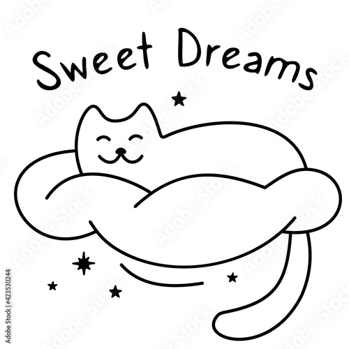 Cute cat sleeps on a cloud pillow.  Kitten sleep dreaming on cloud with stars.  Sweet Dreams. Sleeping Time.Vector flat cartoon illustration isolated on a white background. Doodle style.