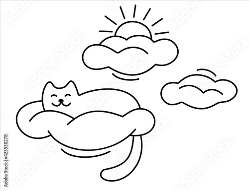 Cute cat sleeps on a cloud pillow against a background of sun and clouds. Cartoon Kitten asleep and dreams on sky. Black contours isolated on a white background. Vector image in a doodle style.