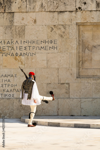 Elite soldier of the presidential guard marching front of the tomb of the Unknown Soldier in Athens, Greece.