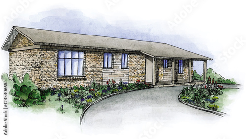 vector watercolor sketch architecture one storey house. cottage house, farm house, colorful illustration of a brick house with columns. circular driveway  