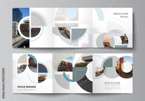 Vector layout of square covers design templates for trifold brochure, flyer, cover design, book, brochure cover. Background with abstract circle round banners. Corporate business concept template.
