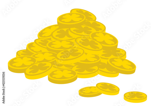 Gold of the Leprechauns. A pile of gold coins with clover and individual coins. Mountain of gold coins Isolated on a white background. Cartoon yellow money. Flat vector illustration.