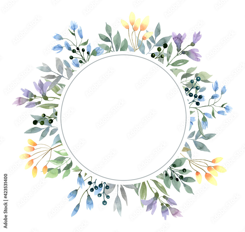 watercolor wreaths of wild flowers and herbs. Delicate hand-drawn wreaths for wedding invitations, greeting cards, business cards, diaries, scrapbooking

