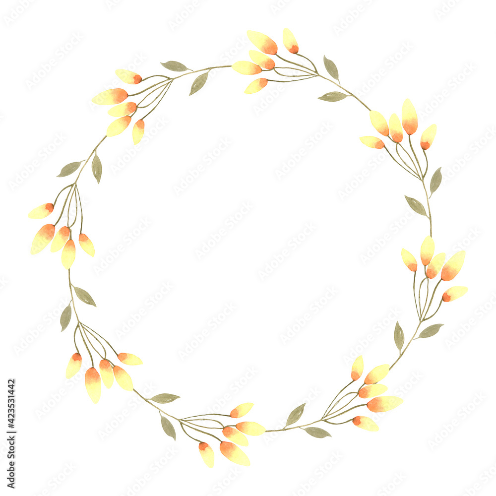 Obraz premium watercolor wreaths of wild flowers and herbs. Delicate hand-drawn wreaths for wedding invitations, greeting cards, business cards, diaries, scrapbooking 
