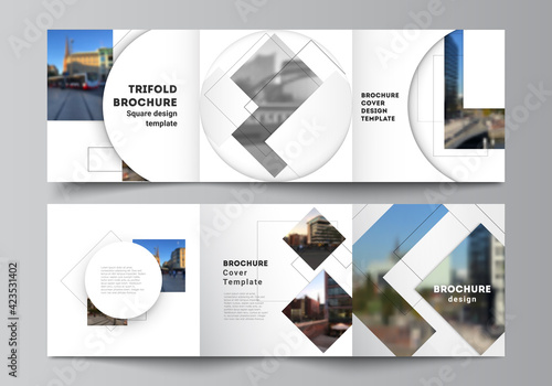 Vector layout of square format covers design templates with geometric simple shapes, lines and photo place for trifold brochure, flyer, magazine, cover design, book, brochure cover.
