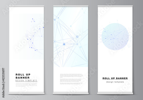 Vector layout of roll up mockup templates for vertical flyers, flags design templates, banner stands, advertising design mockups. Blue medical background with connecting lines and dots, plexus.